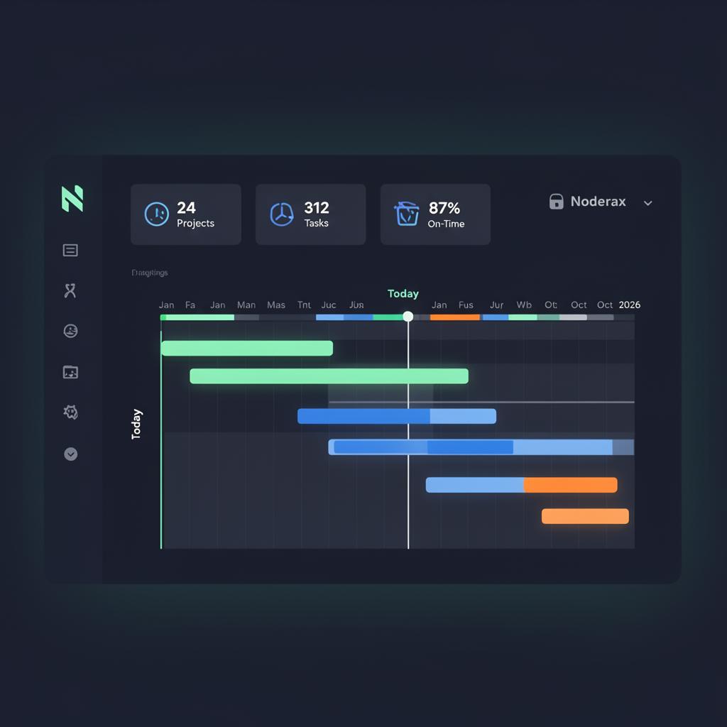 Dashboard com Gantt multi-escala mostrando todos os projetos ativos de janeiro a outubro de 2026